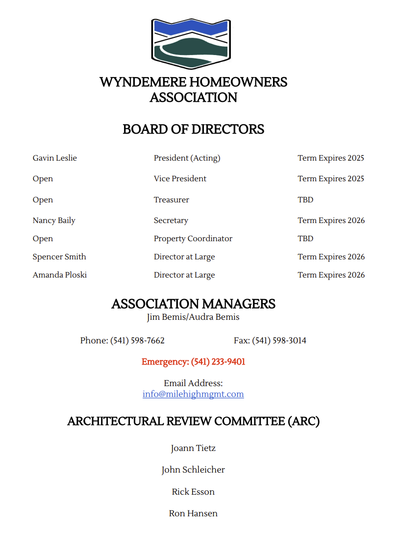 Board of Directors Wyndemere Homeowners Association